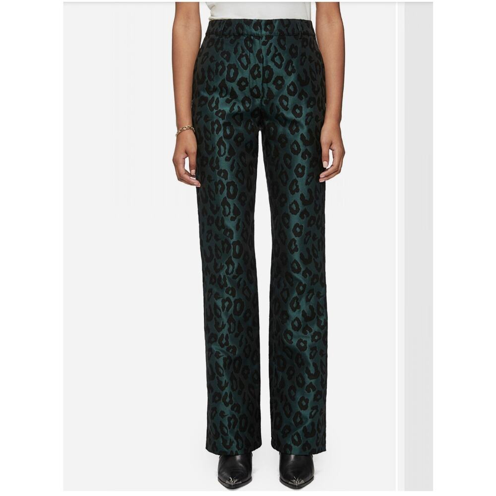 Anine Bing Emerald Green Jacquard Leopard Cindy High Rise Ankle Pants, Size XS